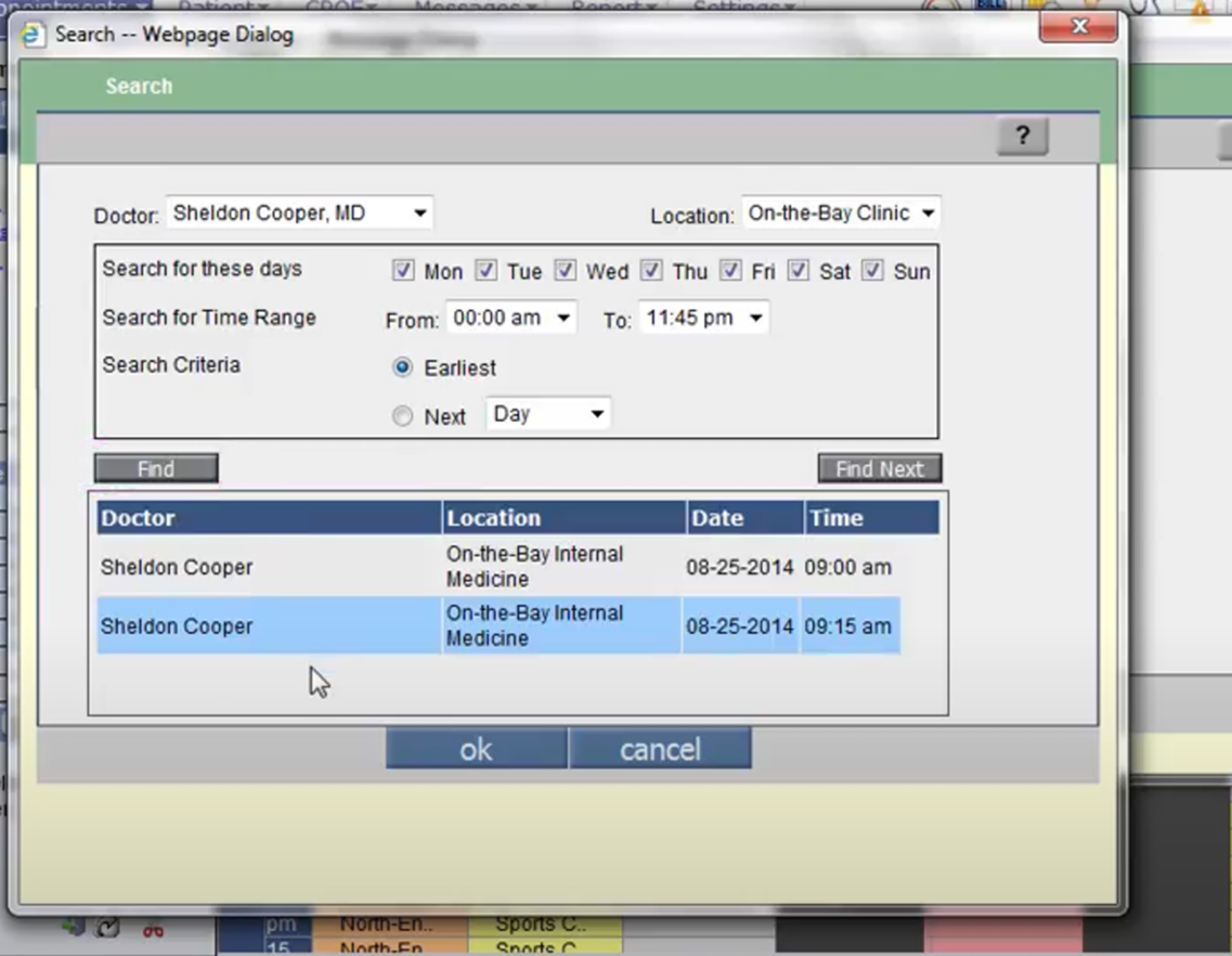 Incumbent EHR search dialog for finding the earliest open slot for a provider and location